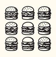 Nine Black and White Hand Drawn Burger Illustrations Triple Decker Cheeseburger Menu Design vector