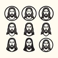Nine Black and White Illustrations of Jesus Christ Head and Shoulders Portraits Some in Circles vector