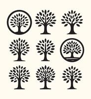 Nine Black Stylized Tree Icons Set Simple Nature Symbols Graphic Design Elements vector