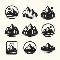 Black and White Mountain Range Icons Set Lake Sun Trees Graphic Design Elements mountains vector