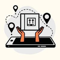 Smartphone Displaying Package Delivery Tracking Location Markers Hands Holding Cardboard Box vector