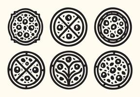 Six Black and White Pizza Icons Circular Designs Various Toppings Overhead View monochrome vector