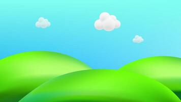 A cartoon green hill with clouds and a sky vector