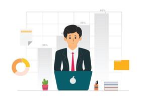 Businessman working on laptop with graphs and charts vector