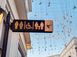 Directional signs indicating restrooms and accessibility features in public space photo