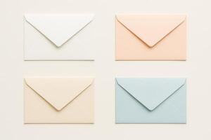 Four closed pastel envelopes arranged in grid on light background, minimal stationery layout photo