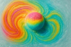 Rainbow bath bomb dissolving in water creating colorful swirl, top view of spa product in action photo