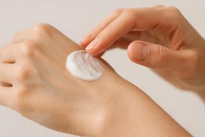 Applying moisturizing cream on hand skin close up, skincare and body treatment concept on neutral background photo