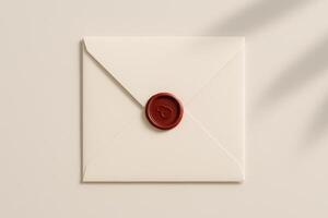 Closed beige envelope with red wax seal on light background, classic style stationery for invitation or message photo