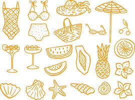 Hand drawn icon set of summer, bikini, beach, sun, fruits, seashells, cocktail, ice cream. Isolated on transparent background. vector