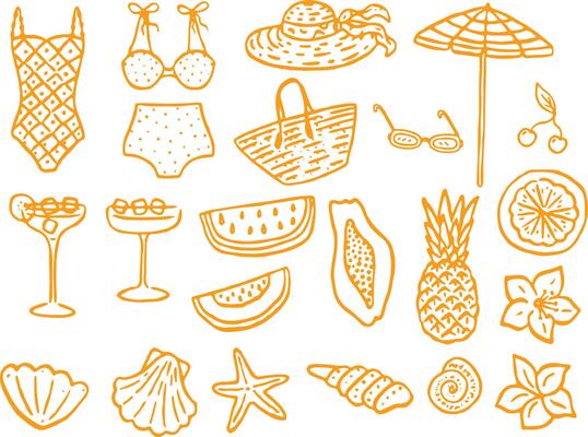 Hand drawn icon set of summer, bikini, beach, sun, fruits, seashells, cocktail, ice cream. Isolated on transparent background.
