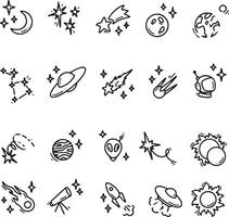 Handdrawn icon set of space, stars, moon, planets, comet, constellation, spaceship, astronaut, alien, sun. Cartoon style icons, editable stroke. vector