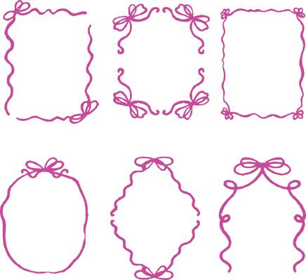 Handdrawn icon set of romantic floral frames with ribbon bows. Decoration, celebration invitation wedding card, decorative elements. Pixel perfect icons editable stroke