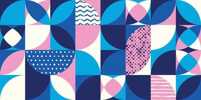 Pastel geometric pattern, half circles and textures in blue, pink, and white vector