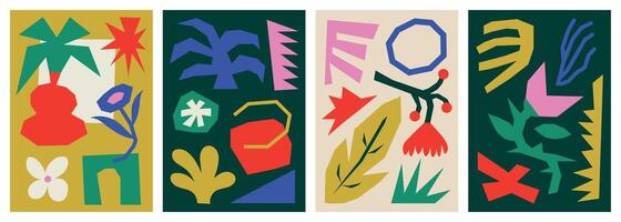 Naive wall art with hand drawn shapes and floral elements vector