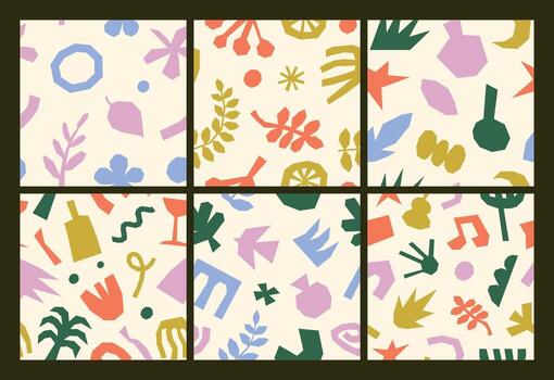 conjunto de ingenuo, vistoso y minimalista sin costura patrones con resumen y floral formas vector