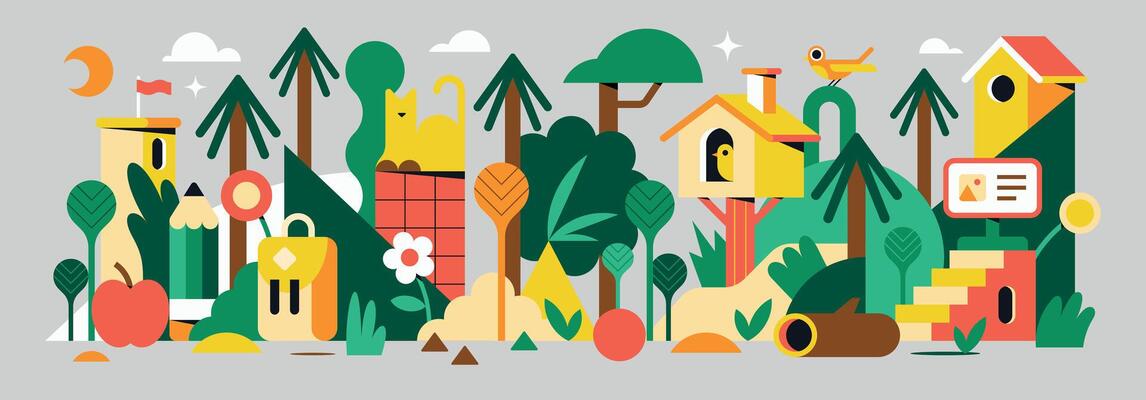 Colorful banner with plants, trees, houses and geometric forms