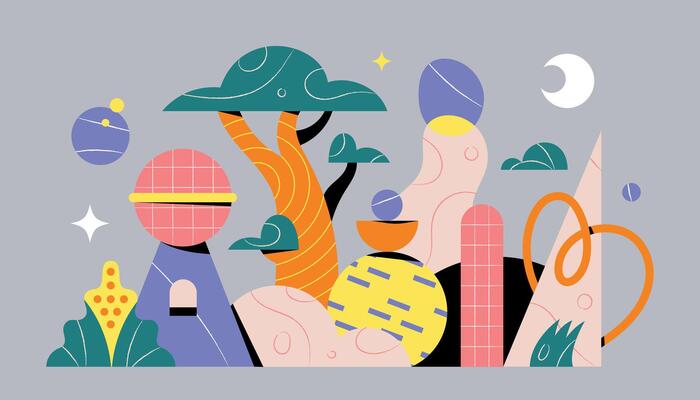 Colorful, abstract and geometric landscape, with tree, ceramic and pottery