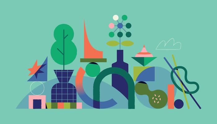 Colorful, abstract and geometric landscape, with trees, plants, ceramics and pottery