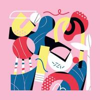 Playful composition of abstract and colorful shapes on pink background vector