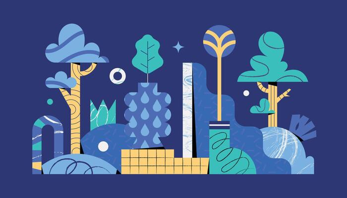 Blue, abstract and geometric landscape, with trees, plants, ceramics and pottery
