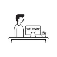 Minimalist Office Welcome Desk Illustration with Man and Computer vector