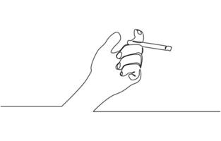 Minimalist single line drawing depicting a human hand holding a cigarette with smoke. Single one line drawing hand hold tobacco cigarette. No tobacco day concept vector