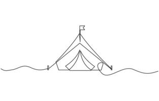 Single continuous line drawing camping site, Adventures in nature. One line draw graphic design illustration art vector
