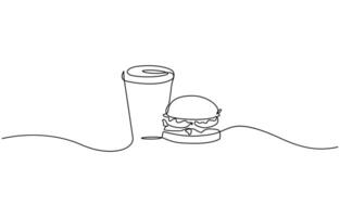 Single line drawing of Burger, soda and french fries fast food in continuous line art style. Takeaway junk food linear sketch for menu banner poster editable outline vector