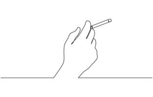 Minimalist single line drawing depicting a human hand holding a cigarette with smoke. Single one line drawing hand hold tobacco cigarette art. vector