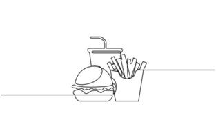 Single line drawing of Burger, soda and french fries fast food in continuous line art style. Takeaway junk food linear sketch for menu banner poster. Editable outline vector