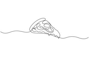 One single line drawing a slice fresh Italian pizza, Pizza continuous one line drawing editable illustration. vector