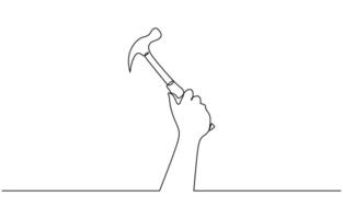 Continuous single line drawing of hand holding hammer line art illustration, One line of hammer. Carpentry concept continuous line art. Editable outline vector