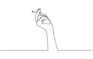 Minimalist single line drawing depicting a human hand holding a cigarette with smoke. Single one line drawing hand hold tobacco cigarette. vector