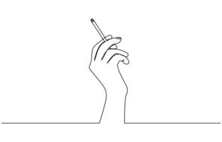 Minimalist single line drawing depicting a human hand holding a cigarette with smoke. Single one line drawing hand hold tobacco cigarette. No tobacco day concept. vector