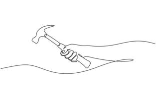 Continuous single line drawing of hand holding hammer line art illustration, One line of hammer. Carpentry concept continuous line art. Editable outline. vector