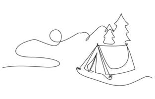 Single continuous line drawing camping site, Adventures in nature. One line draw graphic design illustration art. vector