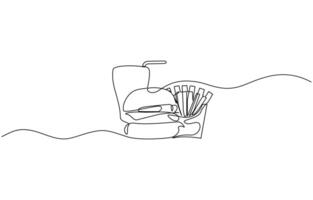 Single line drawing of Burger, soda and french fries fast food in continuous line art style. Takeaway junk food linear sketch for menu banner poster editable outline. vector