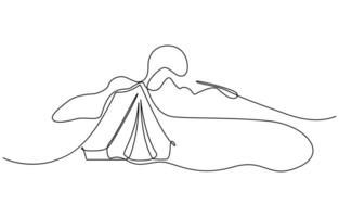 Single continuous line drawing camping site, Adventures in nature. One line draw graphic design illustration vector