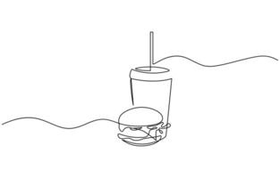 Single line drawing of Burger, soda and french fries fast food in continuous line art style. Takeaway junk food linear sketch for menu banner poster editable stroke. vector