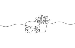 Single line drawing of Burger, soda and french fries fast food in continuous line art style. Takeaway junk food linear sketch for menu banner poster. Editable stroke vector