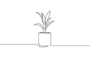 Potted house plant outline drawing illustration. one continuous line drawing of plant in the pot, Editable Stroke, Plant tree in pot in human hands. Continuous one line drawing vector