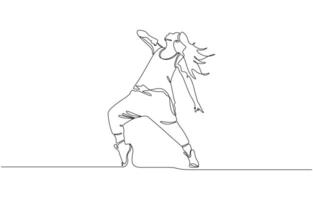 Single continuous line drawing of young energetic hip-hop dancer woman practice break dancing, Single one line art concept of female hip hop dance. vector