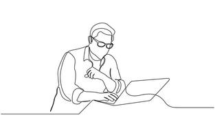 Single line Drawing Man Working Laptop Computer Technology Office Desk, Portrait of a working man at a computer laptop. One continuous drawing line logo single hand drawn art vector