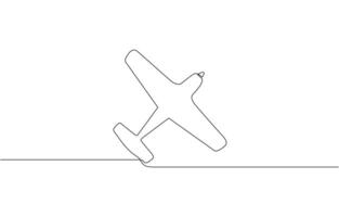 Small plane taking off in continuous line art drawing style. Private airplane flight minimalist design, One continuous line drawing of airport icon. Single line illustration. vector