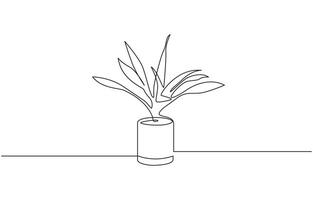 Potted house plant outline drawing illustration. one continuous line drawing of plant in the pot, Editable Stroke, Plant tree in pot in human hands. Continuous one line drawing. vector