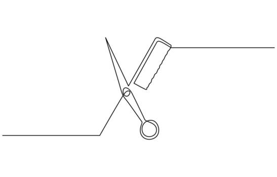 cortar con tijeras y peine continuo uno línea dibujo ilustración, conjunto de tijeras y peine uno línea continuo dibujo contorno diseño vector