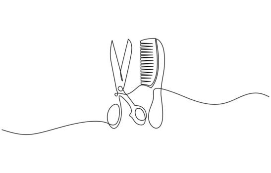 Scissor and comb continuous one line drawing illustration, Set of scissors and comb one line continuous drawing, outline design illustration vector