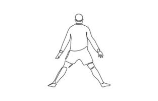 Continuous one line drawing of man soccer player celebrating victory on white background. Soccer player celebrating victory success goal on competition vector