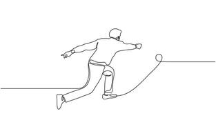 Person throwing a bowling ball to make a strike continuous one line drawing, Single continuous line drawing of young happy bowling player man throw bowling ball to hit pins vector